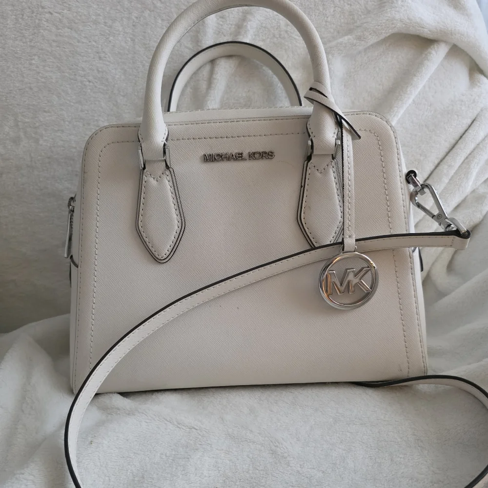 Michael Kors Ayden Leather Satchel Optic White Black Trim Crossbody Strap Silver